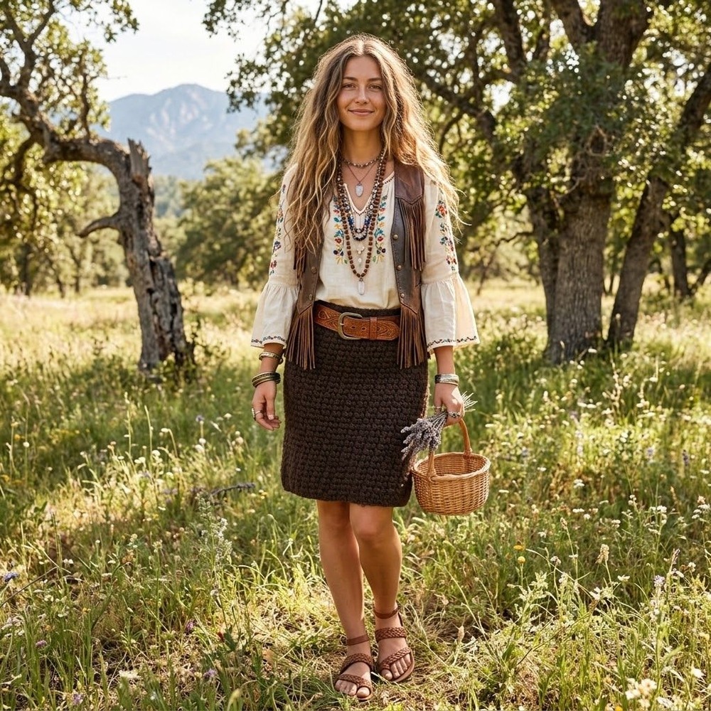 Crochet Mini Skirt Womens Medium Brown Knit Textured Boho Earthy Hippie Wool